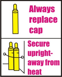 ALWAYS REPLACE CAP, SECURE UPRIGHT-AWAY FROM HEAT